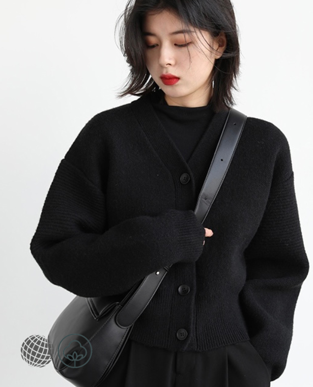 V-neck Rib Cardigan Sweater Women’s Short Ribbed Outerwear Single Breasting Korean Fashion Leisure Lazy Wind Winter Knitting Thicken Coat Cardigans Sweaters for Woman in trending Black