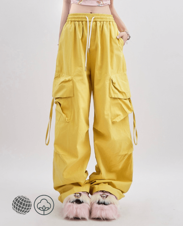 High Rise Cargo Pants Women’s Yellow High-rise Waist Vintage Fashion Leisure Straight Wide Leg Street Female Summer Mopping Trousers for trending Woman