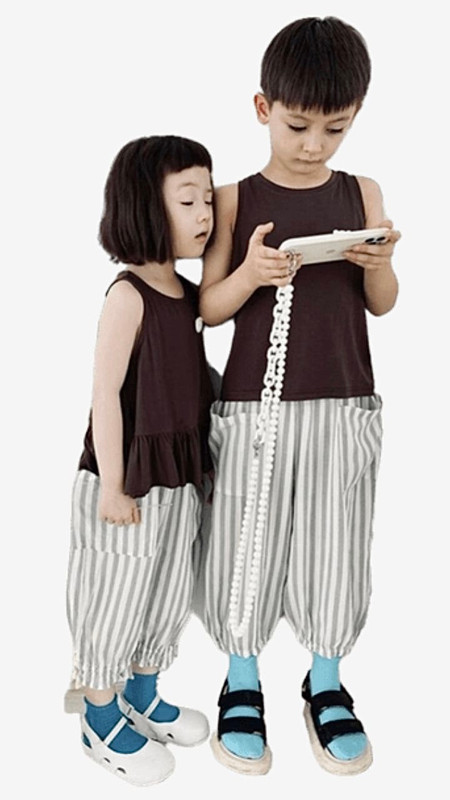 original Japanese casual harem stripe gray / grey cotton and linen striped 7-point boys and girls beam pants Trending
