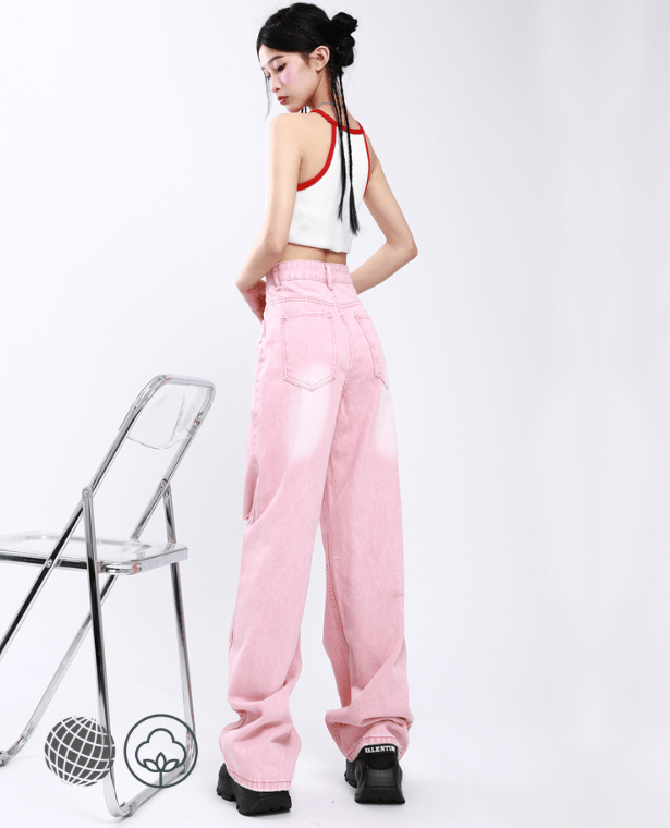 Worn-Out High Rise Jeans Women’s High-Rise Waist American Streetwear Wide Leg Pants Fashion Vintage Straight Summer Female Plus Size Trousers for Woman in trending Pink
