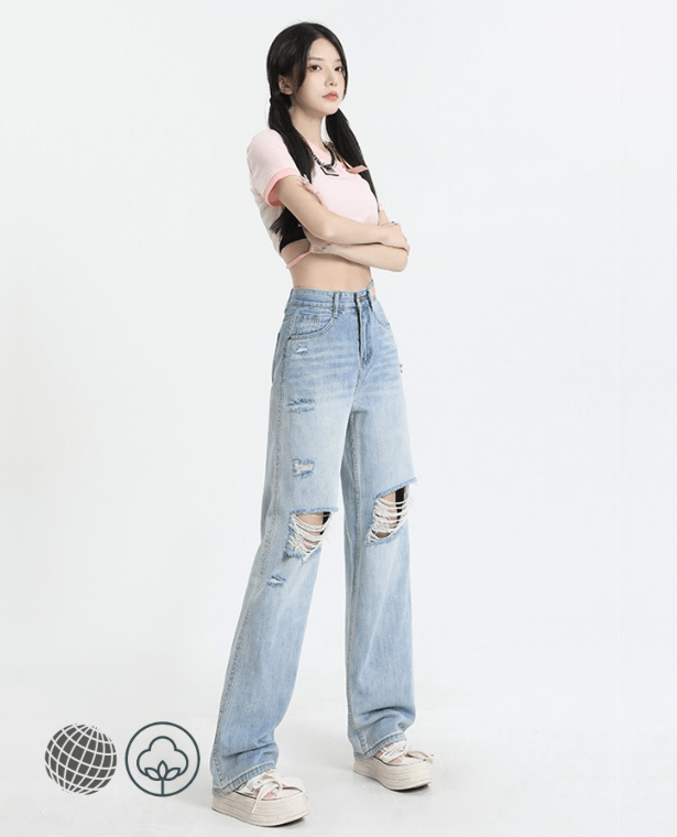 Wide Leg High-Rise Jeans Women’s Worn-out High Rise Waist American Streetwear Wide Leg Pants Fashion Vintage Straight Summer Female Ripped Holed Trousers for Petite Plus size Woman in trending Blue