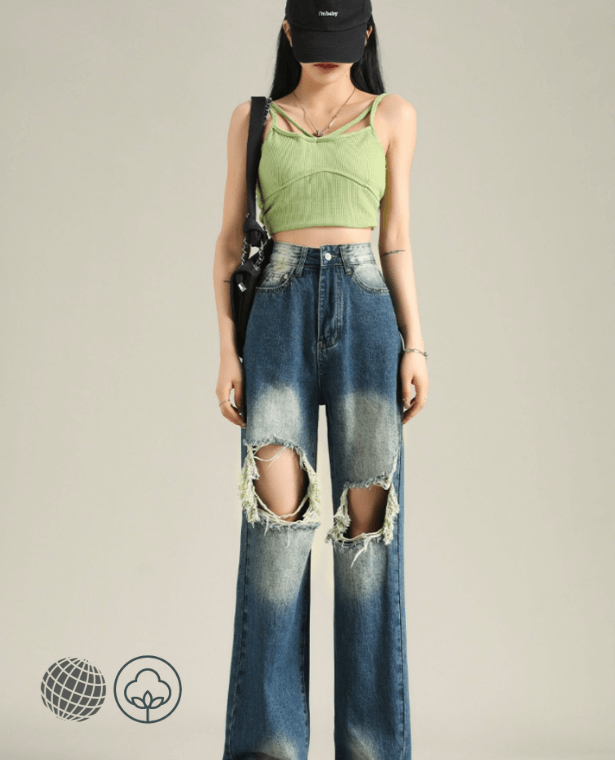 High-Rise Americana Jeans  Women’s High Rise Waist Worn-out American Fashion Y2K Streetwear Wide Leg Trouser Straight Baggy Denim Pants for Petite Plus size trending Woman in Blue