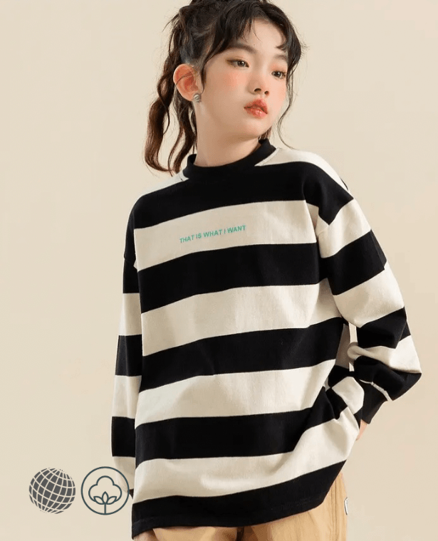 Striped Sweatshirt  Girls Long Sleeve Round O-neck crewneck Spring Autumn Casual T-shirt for Kids Fashion All-match Sweatshirts Teen Children Clothes in trending Black White