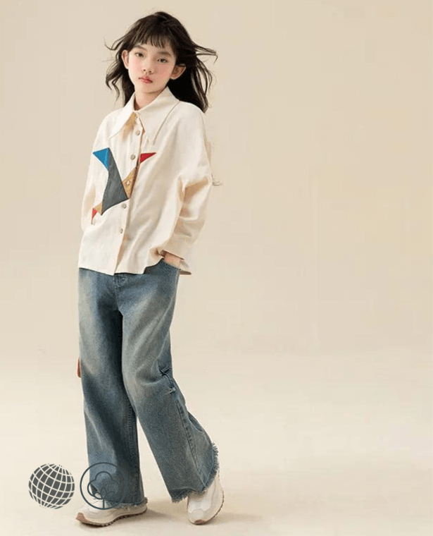 Fashion Shirt  Girls Blouses Spring Long Sleeve Abstract Crane Bird Printed Beige Teens Children Japanese Origami Shirts Trending Casual All-match School Kids Clothes 13 14 15 Years