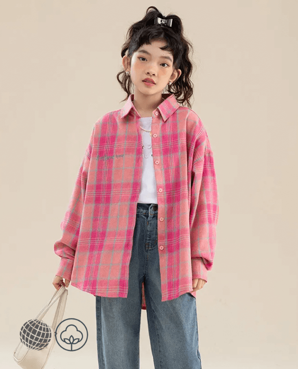 Teen Plaid Shirt in Cotton Broadcloth  Kids Long Sleeve Casual Pink All-match School Child’s Teen Blouse for Girls Spring Autumn trending Fashion Children Clothes 13 14 15 Years