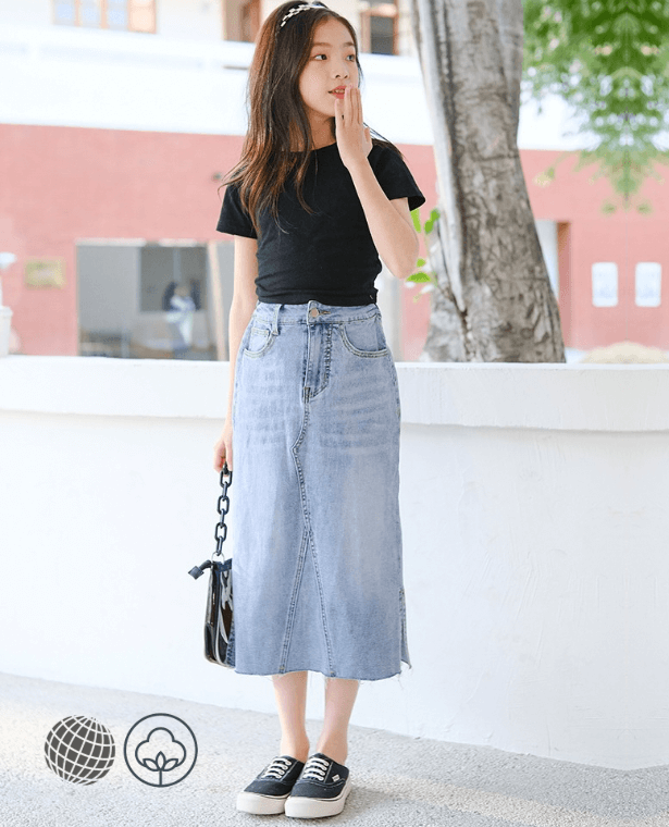 Mid-Calf Denim Skirt  School Girls Summer Straight fit Light Blue Casual for Children trending Fashion All-match Teenage Kids Skirts 13 14 Years Teens