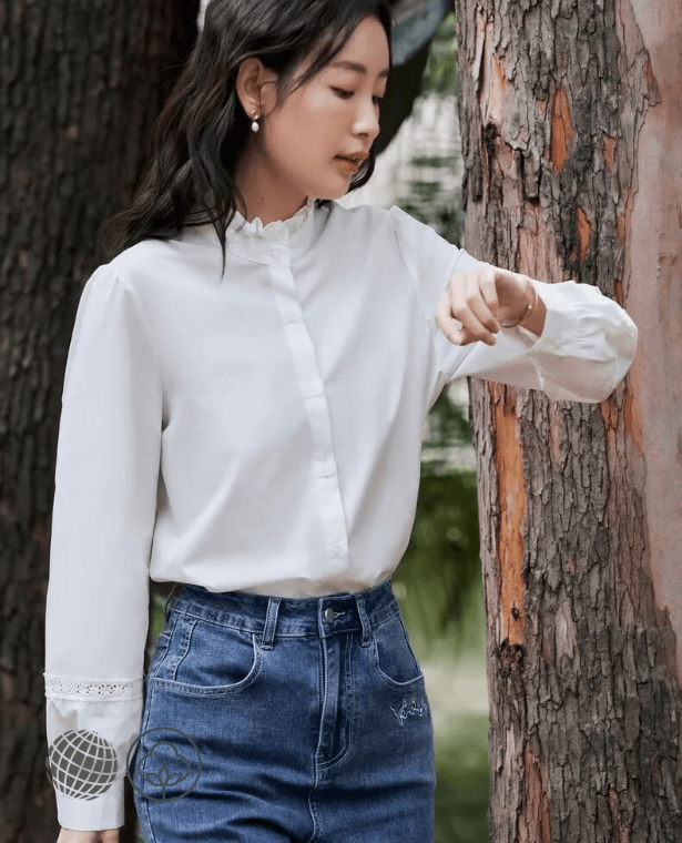 Petal Collar Shirt Women’s Spring Long Sleeve Loose Blouse 3D Lace Splicing Four Colors Elegant Chic Tops Plus size Shirts for trending woman in White