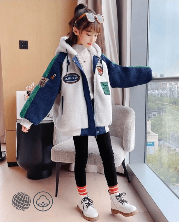 Wool Hooded Jacket  Autumn Winter Girl Coat Zip Warm Fur Thicken Clothing Kids Teenage Fashion Hood Lamb Woolen Plush Teens Jackets Outerwear Coats for trending Girls in Navy Blue white