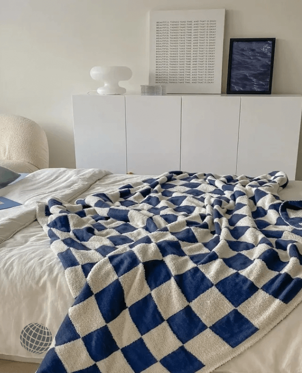 Checkerboard Knit Blanket  Nordic soft waxy knitted single sofa cover thin section air-conditioning small blankets Norway Scandinavia Scandinavian Norwegian Bedding Throws in trending Blue