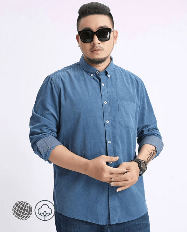 Corduroy Cotton Shirt  Mens Autumn Winter Long Sleeve Casual Petite Plus Size Retro Vintage Top Men’s Social Dress Shirts for trending Man in Light Blue