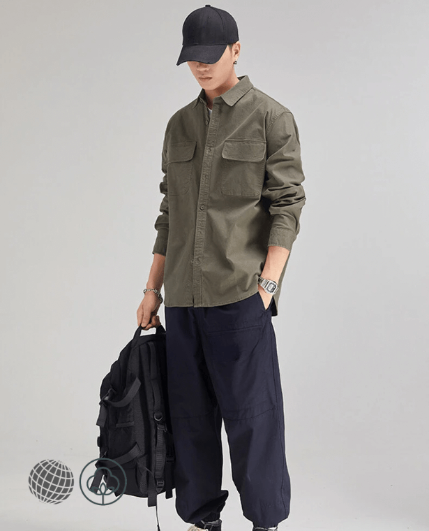 Khaki Cargo Shirt  Men’s Spring Shirt Plus Size Xxxl Boys Vintage Mens Long Sleeve Button Up Top Classic Casual Cotton Shirts for trending Man in Dark Green