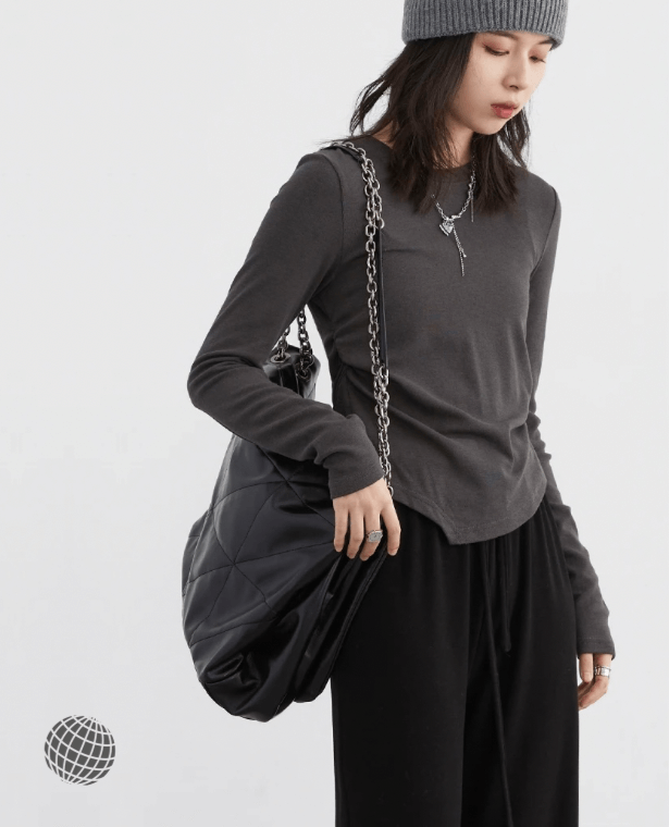 Fold Crewneck T-Shirt  Women’s Solid Round O-Neck Female Tees Casual Side Fold Long Sleeve Basic Indie Tops Autumn Spring T-Shirts for trending Woman in Dark Charcoal Gray grey