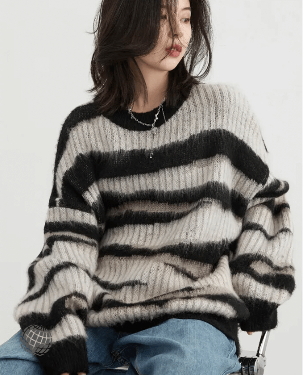 Pit Stripe Sweater  Women’s Thick Long Sleeve Irregular Jumpers Lazy Knit Womens Pullovers Female Top Autumn Spring Striped Sweaters for trending Woman in Black