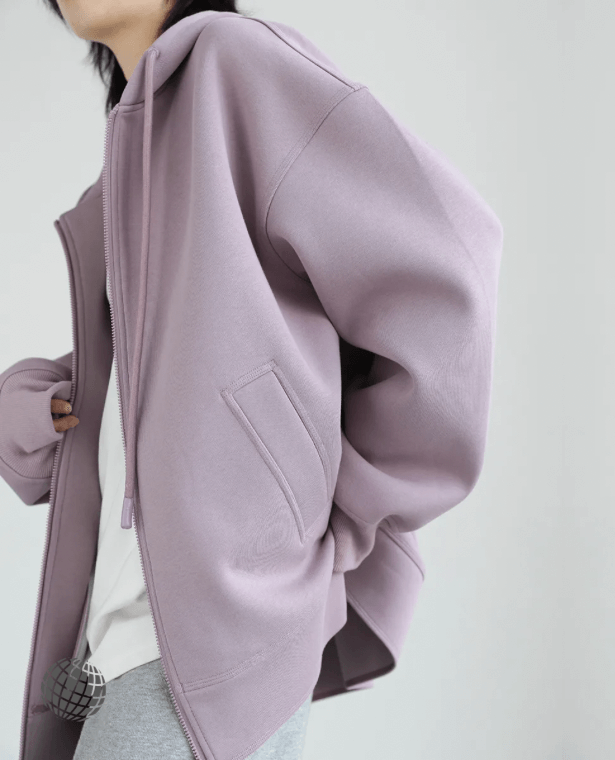 Soft Zip Hoodie   Women's Drawcord Sweatshirt  Hoodies Solid Loose Casual Hooded Female Tops Lady Coat Medium Length Overcoat Spring Autumn Fitness Sportswear Plus size Sweatshirts for trending Woman in Lilac Purple