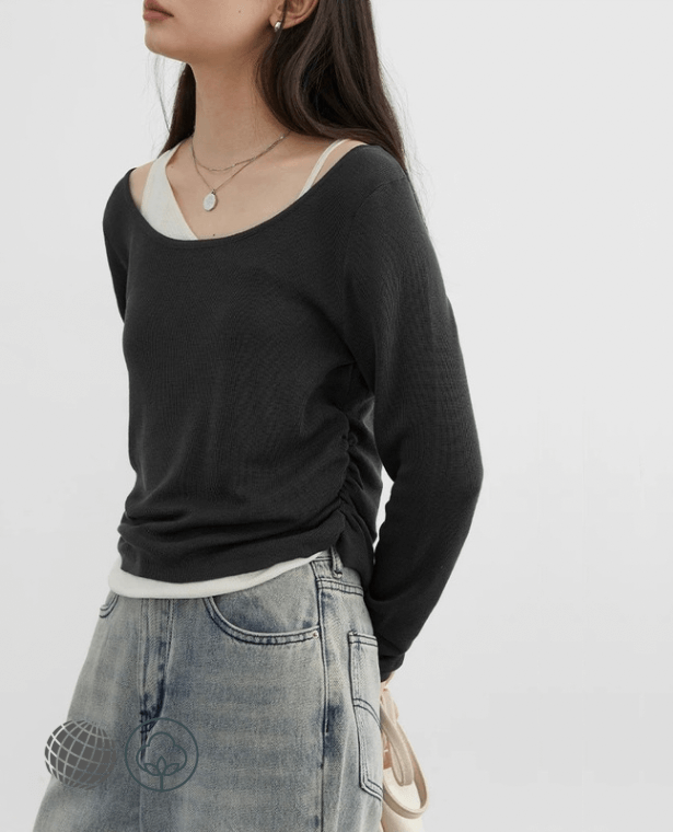 Off Shoulder Sweater   Women’s Irregular Scoopneck Strap Knitted Jumpers Womens Female Pullovers Autumn Spring Ribbed Sweaters for trending Woman in Dark Gray grey