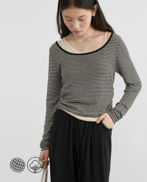 Off Shoulder Scoopneck Sweater   Women’s Irregular Scoopneck Strap Knitted Jumpers Womens Female Striped Pullovers Autumn Spring Ribbed Sweaters for trending Woman in Black stripe