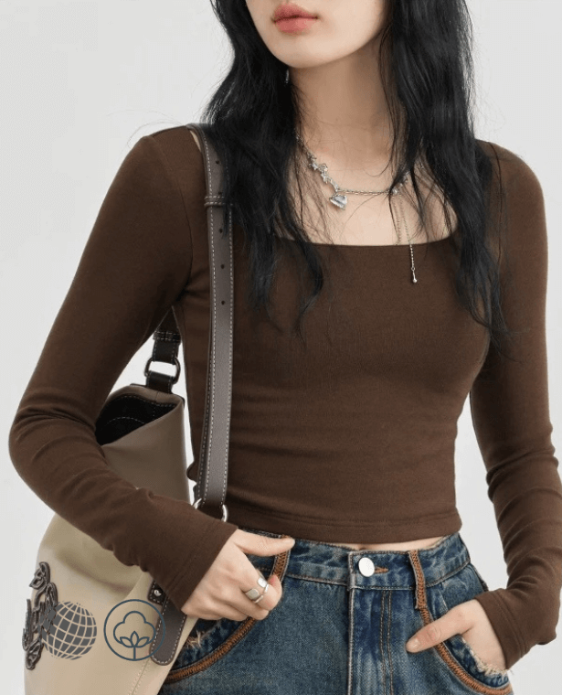 Square-Neck T-Shirt brown   Basic Women’s Bottom Tees Knitted V-neck Shirt Long Sleeve Womens Tops Autumn Spring Clothing T-Shirts for trending Woman