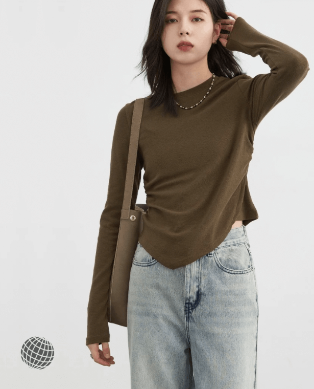 Fold Crewneck T-Shirt brown  Women’s Solid Round O-Neck Female Tees Casual Side Fold Long Sleeve Basic Indie Tops Autumn Spring T-Shirts for trending Woman in Coffee