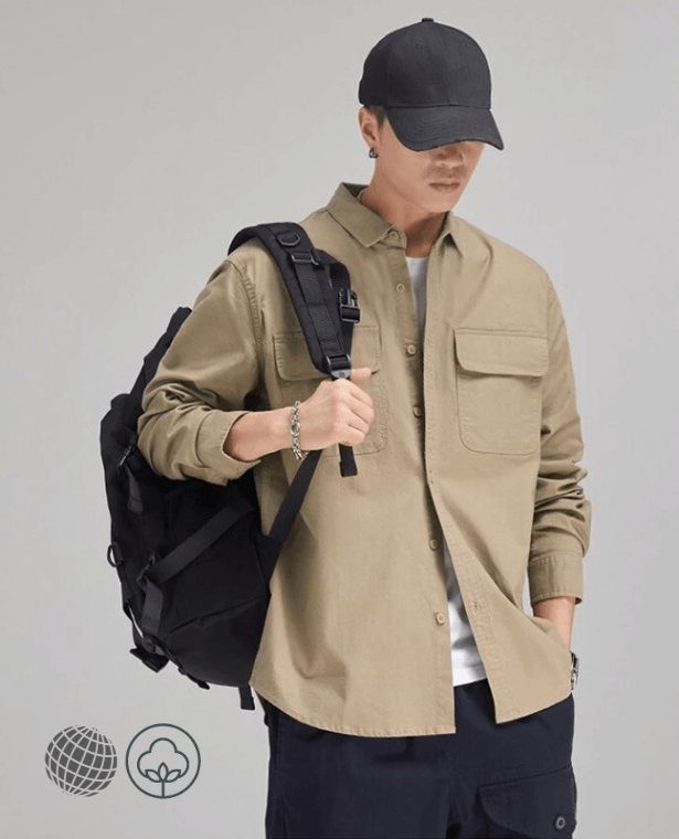 Khaki Cargo Shirt apricot   Mens Spring Plus Size Xxxl Boys Vintage Long Sleeve Button Up Top Casual Cotton Shirts for trending Man