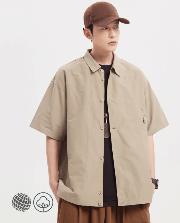 Khaki Cotton Shirt  Men’s Summer Retro Short Sleeve Mens Fashion Loose Button Up Top Streetwear Boys Coat Plus Size Xxl Shirts for Man in light tan brown