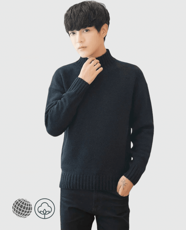 Oversized Ribbed Turtleneck Sweater  Men’s Korean Cute Plus Size Mens Rib Ruched Top Long Sleeve Thick Pullover Male Knitwear Sweaters for trending Man in black