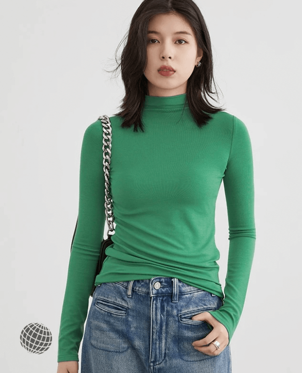 Mockneck T-Shirt green  Women's Multi Color Tees Base Shirt Slim Fit Female Tops Office Ladies Clothing Spring Autumn T-Shirts for trending Woman