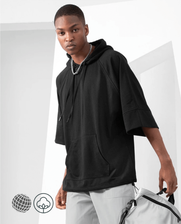 Loose-Fit Hoodie T-Shirt black  Mens Summer Short Sleeve Loose Plus Size Xxxl Fashion Drawcord Hooded Drop Shoulder Tshirt Fitness Tees Sportswear Tops Hoodies for trending Man