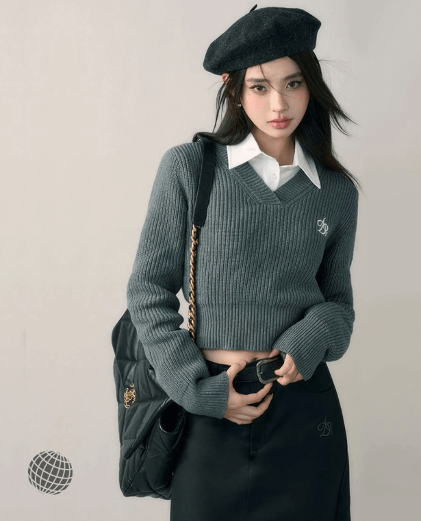 Harajuku Cropped Sweater gray   Women’s Solid V-Neck Ribbed Knitted Pullovers Vintage Preppy Slim Knitwears Korean Basic Black Grey Classic Jumper Womens Tops Plus size Sweaters for trending Woman in dark grey
