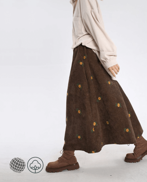 Corduroy Maxi Skirt  Women’s Vintage Bohemia Streetwear Floral Embroidery A Line Japanese High rise Waist Casual Autumn Winter Indie Boho Skirts for Plus size Bohemian trending Woman in Coffee Brown