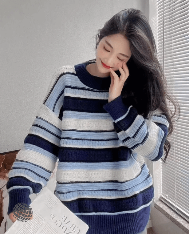 Harajuku Striped Sweater  Women’s Vintage Oversized crewneck cable-knit Knitted ribbed round o-neck Pullover Bf Boyfriend Streetwear Korean Patchwork Knitwear Loose Casual womens Jumpers Sweaters for trending Woman in Sky Blue