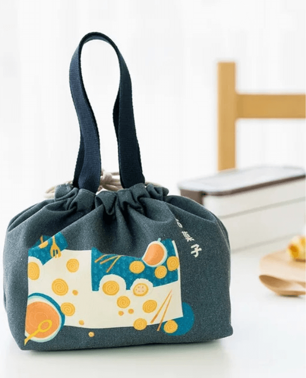 Bento Box Drawstring Bag  Japanese Carry Bento Lunch Boxes Picnic Food Container Sushi Case with Tableware Lunchbox Japan Bags Flatware Cutlery Dinnerware Kit for School Office lunch in dusk blue
