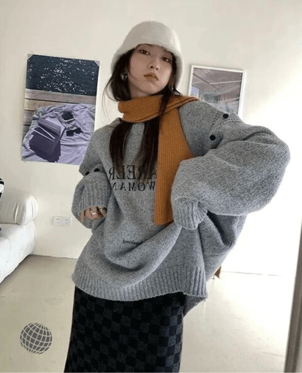 Off Shoulder Oversized Sweater Women’s Hollow Out Crewbeck Y2K Round o-neck Knitted Pullovers Harajuku Print Knitwear Korean Jumper Letter embroidery Sweaters Womens plus size Workwear Streetwear for CAREER Woman in trending Gray grey