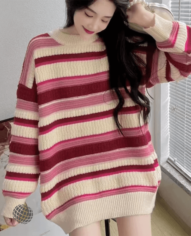 Harajuku Striped Sweater pink  Women’s Vintage Oversized crewneck cable-knit Knitted ribbed round o-neck Pullover Bf Boyfriend Streetwear Korean Patchwork Knitwear Loose Casual womens Jumpers Sweaters for trending Woman
