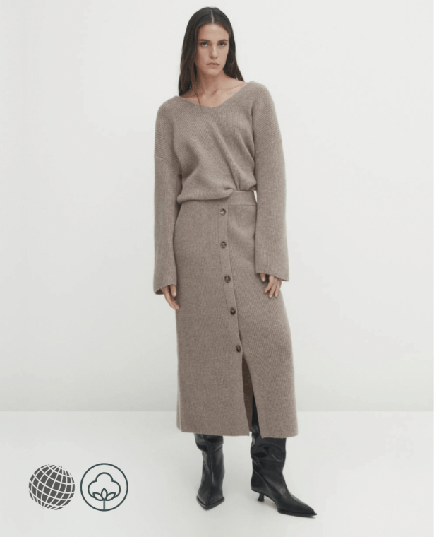 Button-Up Skirt  Women’s autumn French look casual slouchy button-back womens petite size cotton knit mid-length straight skirts for Trending Woman in khaki
