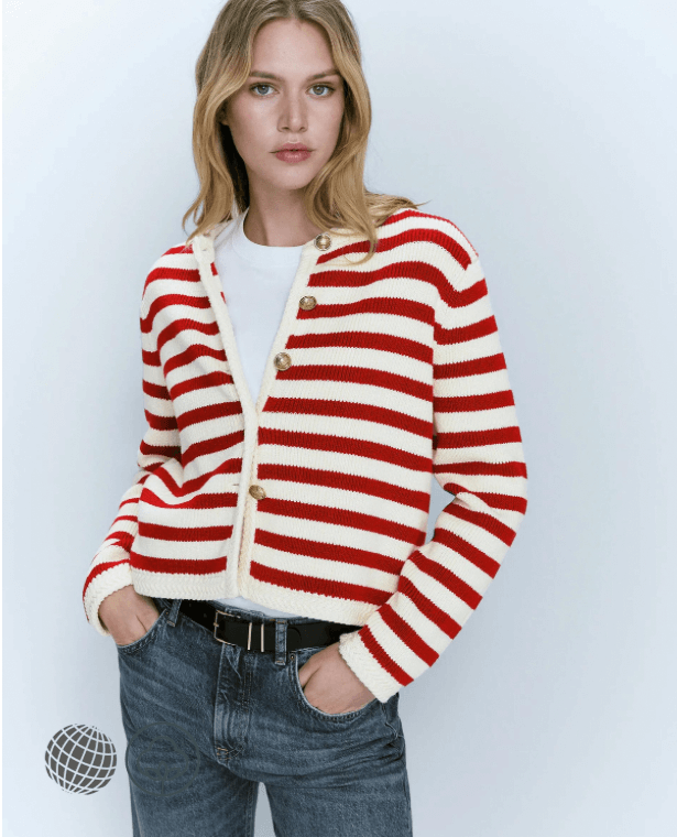 Commute Stripe Cardigan  Women’s autumn Slim-fit commuter workwear womens v-neck button-up ribbed sweaters buckle classic petite size striped cardigans for trending woman in red with white stripes