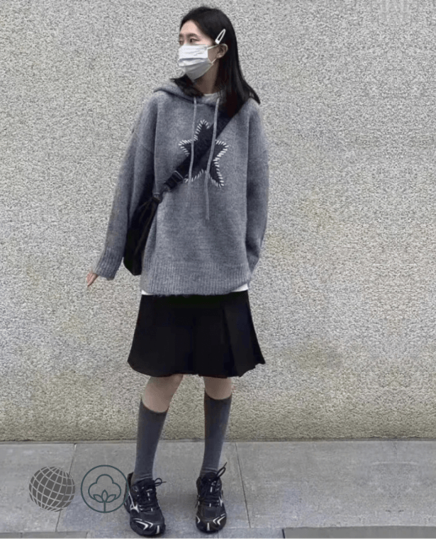 Hooded Rib Sweater   Women’s Star Pullovers Unisex Ins All-match Daily Autumn Creativity Stylish Casual Warm womens plus size grey hoodie jumper Simple Ladies Korean Style Sweaters for trending Woman in Gray