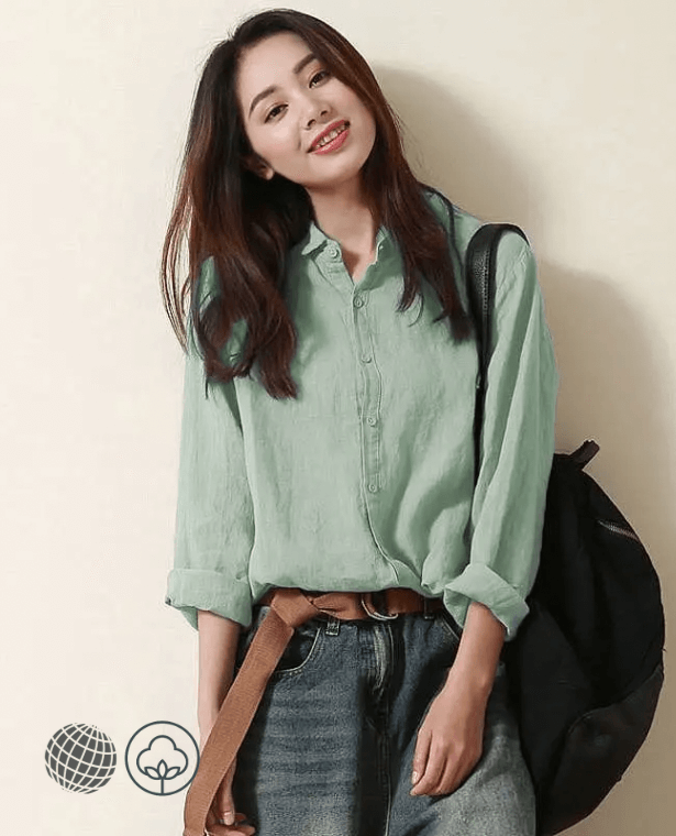 Cotton Big Shirt  Women’s Literary Harajuku Baggy Simple Chic Temperament plus size womens Camisas Fashion Classic Vintage Females All-match turn-down collar Casual Oversized Shirts for trending Woman in green