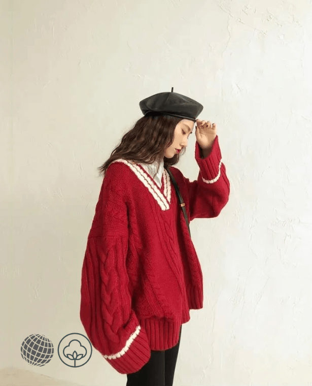 Cable-Knit Sweater red   Women’s Vintage Pullovers V-neck Chic Patchwork Design Retro Thick Soft Preppy Girls Knitwear Harajuku plus size womens Trendy Fall Ladies Sweaters for trending Woman with creamy-white trim