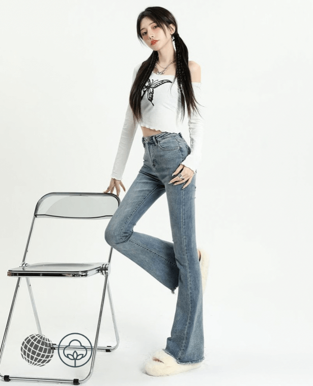 High Rise Slim ‘70s Flare Jeans  Women’s Elegant Denim Trousers High Waist Vintage Casual Streetwear Ripped Design Petite Plus size womens Chic Trendy Harajuku Spring Pants for trending woman in Light Blue
