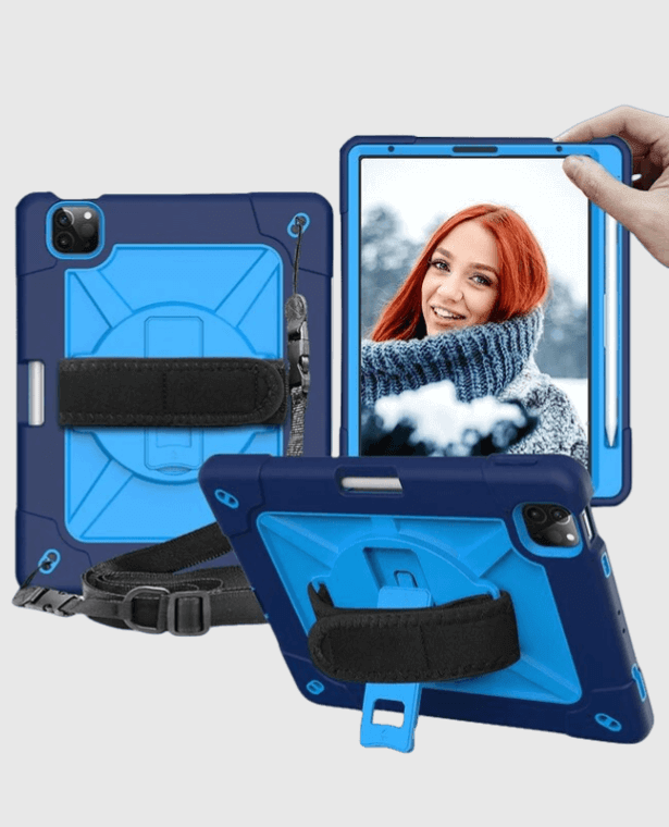 360° Rotation Shockproof Cover for iPad blue   Apple Air 4 Air 5 10.9 Silicone Case with Shoulder Strap and Kickstand 360-Degree Rotate Accessories