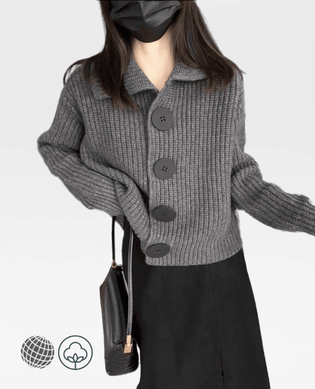 Rib Knit Cardigan gray Women Big Button Workwear Ribbed Knitted Sweaters Coats Korean Turn-Down Collar Chic Knitwear Casual womens workwear Jumpers Jacket Tops Cardigans for trending Woman in grey