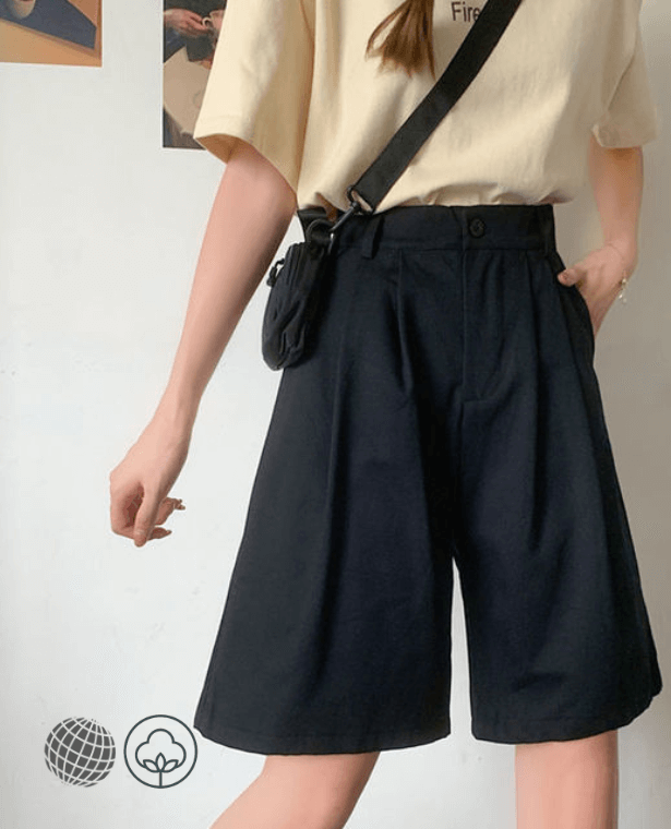 Soft Pleated Shorts black Women’s Japan Simple Summer Knee Length Trousers College Teens Unisex Vintage High Rise Waist Loose Plus size womens Japanese Clothing for trending Woman
