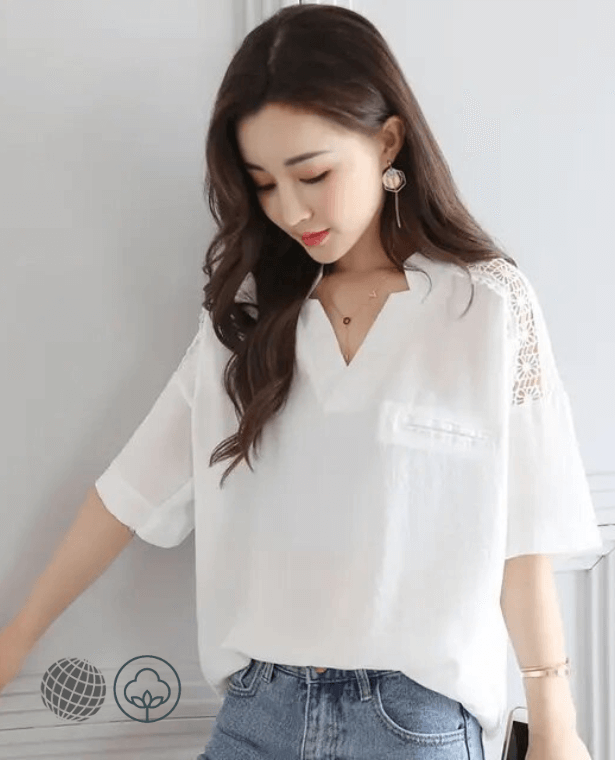 Hollow Out V-Neck Cotton Top  Women’s Design Daily All-match Loose Blouse Womens plus size Korean Style Elegant Office Ladies Casual Summer Fashion Top Classic Tops Short sleeves Blouses for trending Woman in white