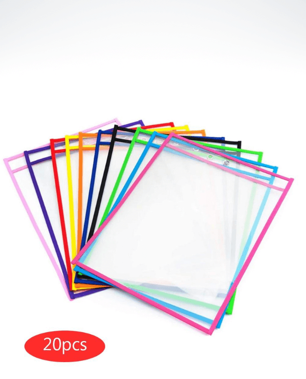 Dry Erase Pockets 20-Piece    20pcs Worksheet Sleeves Shop Work Ticket Holder 10x14 inches Drawing Board Dry Brush Bag File Pocket Multicolor transparent Holders for School Office