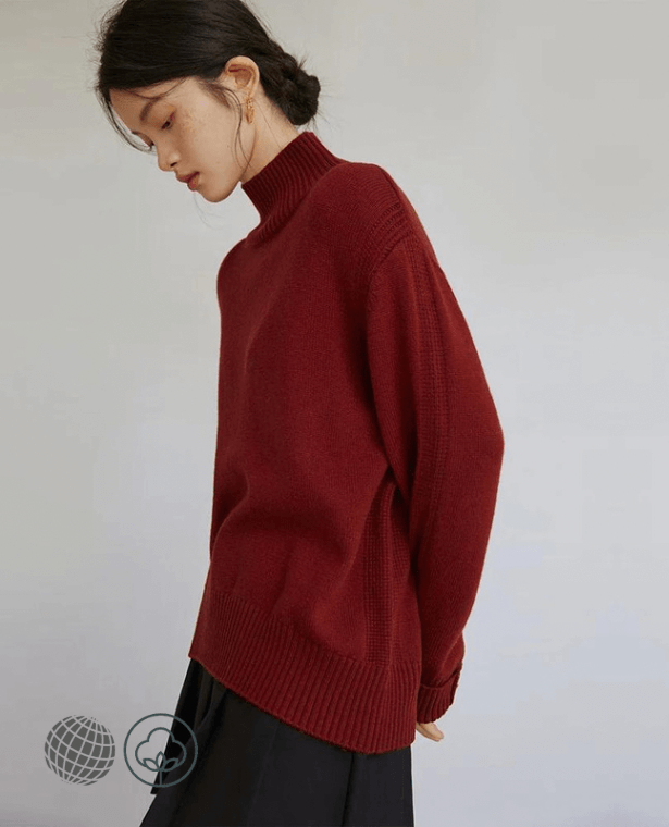 Turtleneck Rib Sweater red   Women's Mockneck High Collar Vintage womens petite size Autumn Winter Slouchy Soft Waxy Outwear Knitted Full Sleeve Workwear Tops Ribbed Sweaters for trending woman
