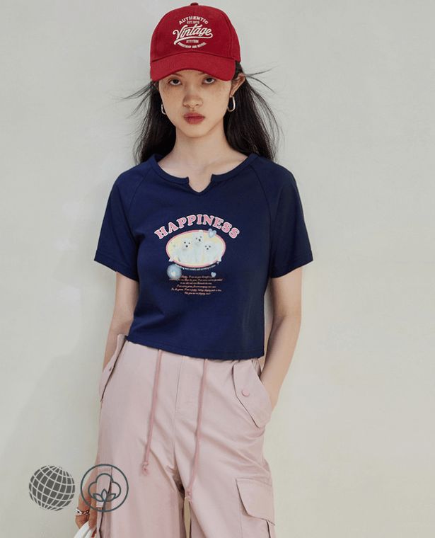 Loose Retro T-Shirt blue Women's Summer American Crewneck round o-neck Short kawaii Tops Womens Petite Size T-shirts FUNNY LIFE white Scotty Dog Tees for trending woman in dark navy-blue
