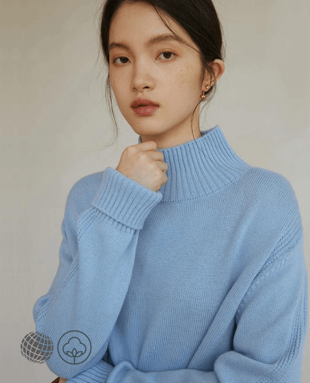 Turtleneck Rib Sweater blue   Women's Mockneck High Collar Vintage womens petite size Autumn Winter Slouchy Soft Waxy Outwear Knitted Full Sleeve Workwear Tops Ribbed Sweaters for trending woman In light sky blue