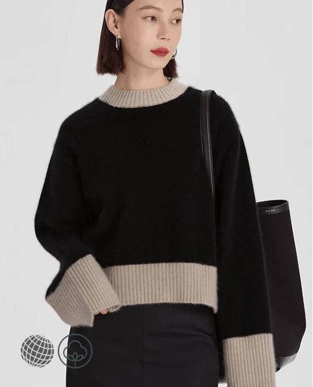 Crewneck Bottoming Rib Sweater  Women's Autumn And Winter European And American Color Matching 100% womens ribbed round o-neck Pullover Loose Long-Sleeved Sweater for trending Woman in black khaki trim