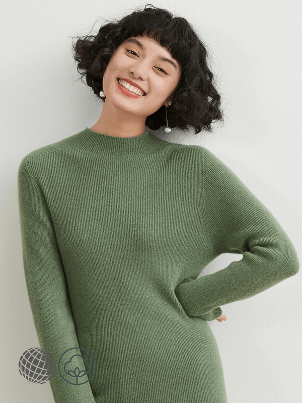 Mockneck Cashmere Rib Sweater Women’s Autumn and Winter 100%-Cashmere Semi-High Neck Seamless plus size womens Female Slim Pullover Long Sleeve Warm Cashmere-Knit Ribbed Turtleneck Sweaters Workwear Tops for Woman in trending olive green