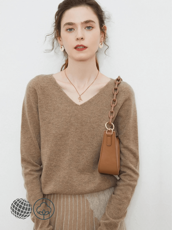 V-Neck Sweater 100% Merino Wool   Woman's Autumn Winter Female plus size womens workwear Pullovers Long Sleeve classic ribbed band Jumper Knit Tops Clothing Sweaters for trending woman in Khaki Brown